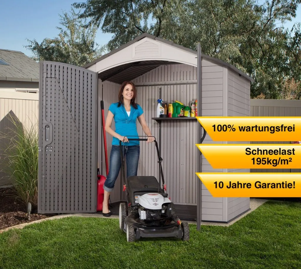 Lifetime 60057 Storage Shed and Woman Super Excited to Mow the Lawn