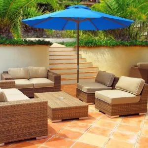 Yescom 9ft Wooden Outdoor Patio Blue Umbrella With Pulley Market Garden Yard Beach Deck Cafe Sunshade