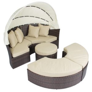 Best Choice Products Outdoor Patio Sofa Furniture Round Retractable Canopy Daybed Brown Wicker Rattan