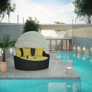 LexMod Siesta Outdoor Wicker Patio Espresso Canopy Bed with Peridot Cushions