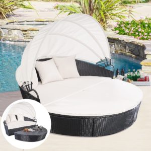 Tangkula Outdoor Patio Sofa Furniture Round Retractable Canopy Daybed Black Wicker Rattan