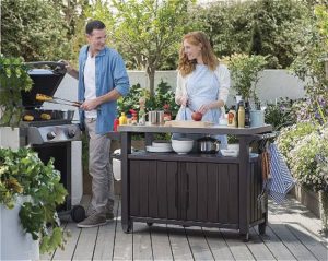 Keter Unity XL Indoor Outdoor Entertainment BBQ Storage Table Prep Station Serving Cart with Metal Top