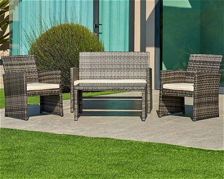 Suncrown Outdoor Furniture Grey Wicker Conversation Set with Glass Top Table (4-Piece Set)